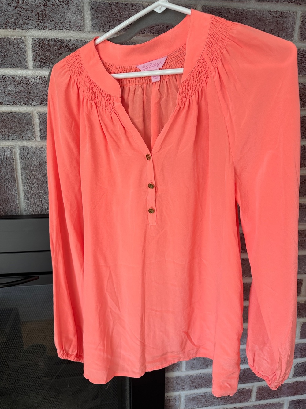 Lilly Pulitzer Coral-Pink Smocked Yoke Button Blouse